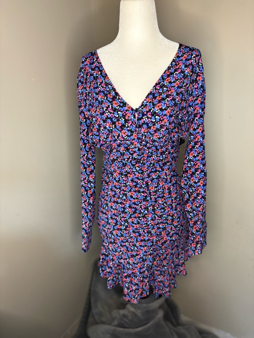 Zara Black Floral Mini Dress with Blue & Pink Blossoms